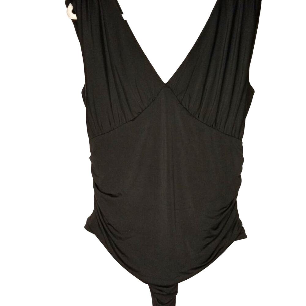 Express Body Contour Black Empire V-Neck Thong Bodysuit- L